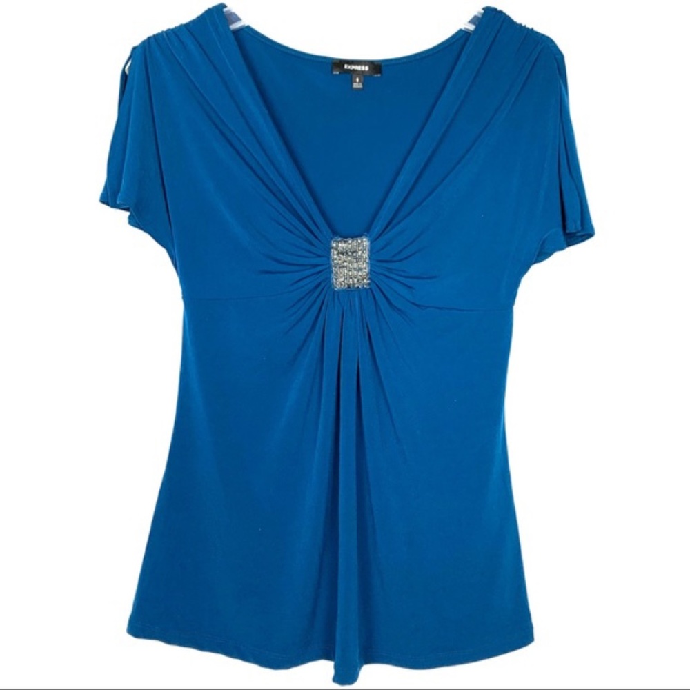 Express blue shirt w gathered front w gray beads S